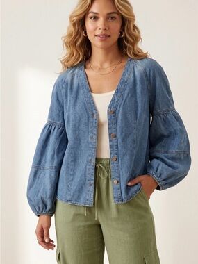 Luxxel Puff Sleeve Denim Button-Up Top Size Large